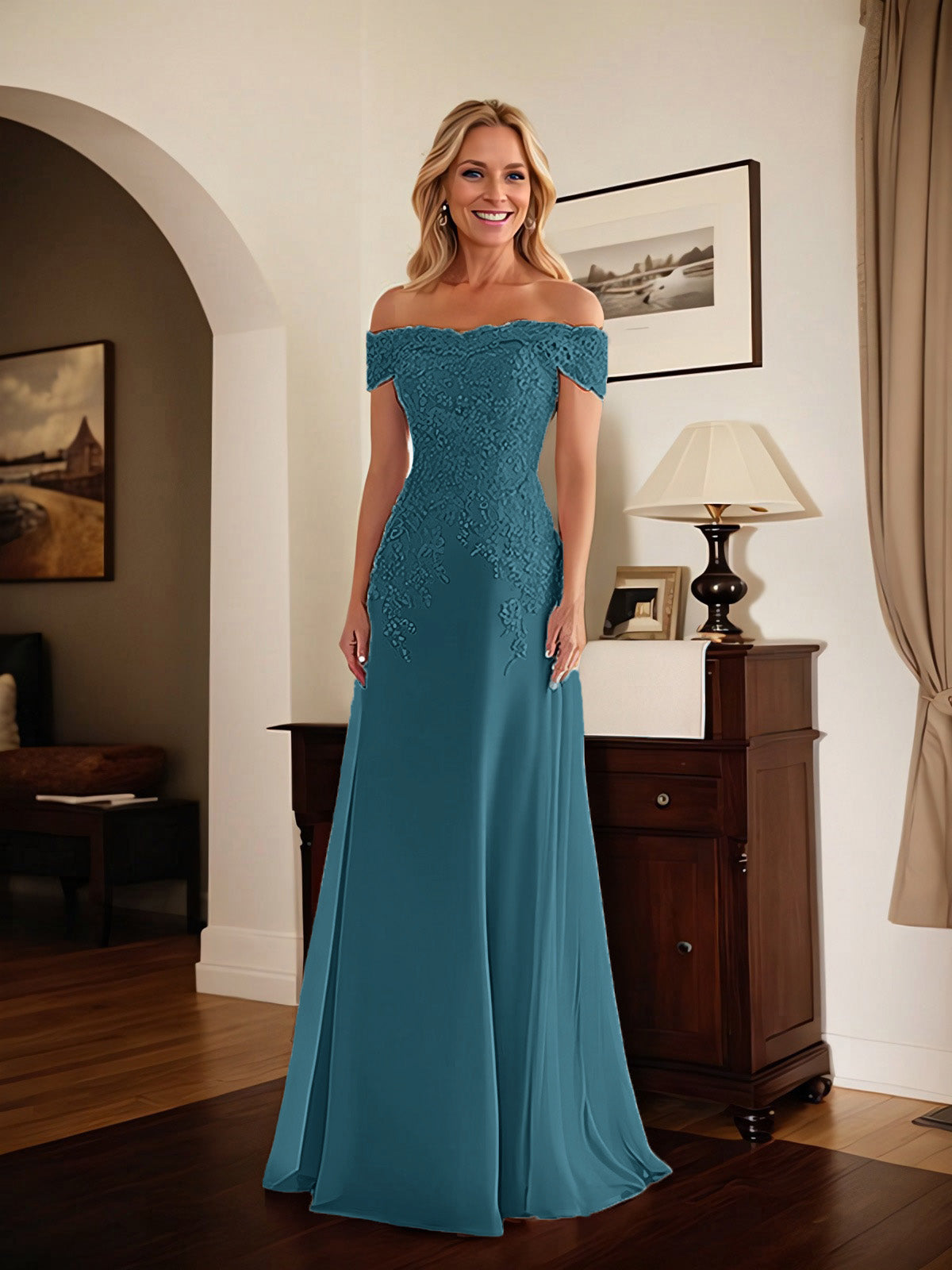 Elegantes taupefarbenes schulterfreies Etuikleid Mutter der Braut Kleid mit Spitze
