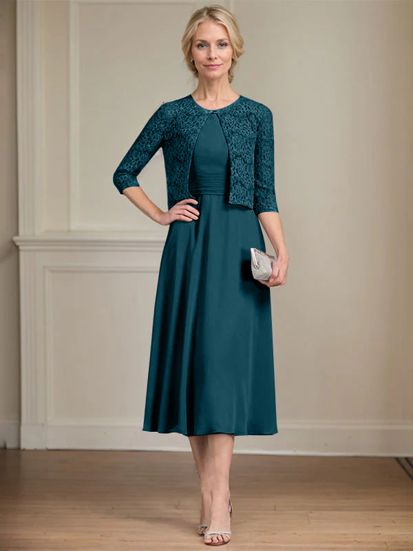 A-Linien Rundhals Tee-Länge Chiffon Kleid für die Mutter der Braut mit Falten