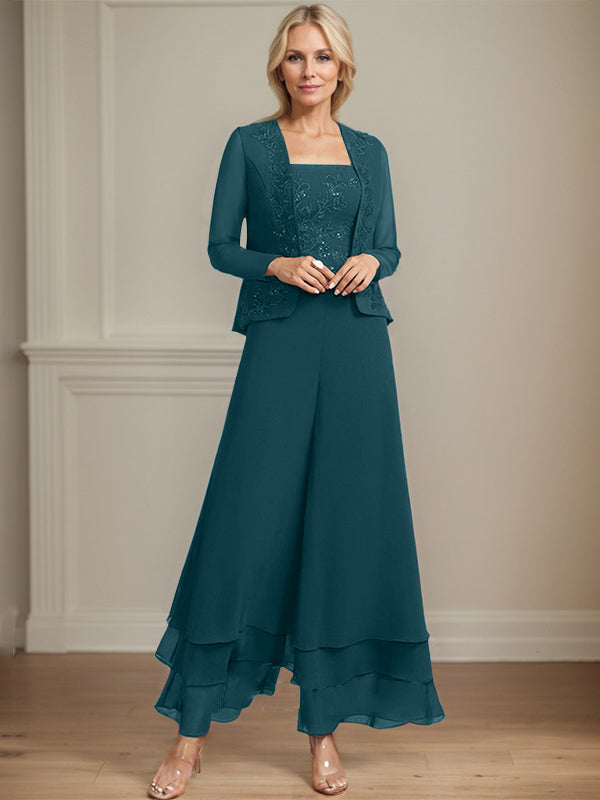 Zweiteiler Jumpsuit/Hosenanzug quadratisch knöchellang Spitze Chiffon Brautmutterkleid mit Pailletten