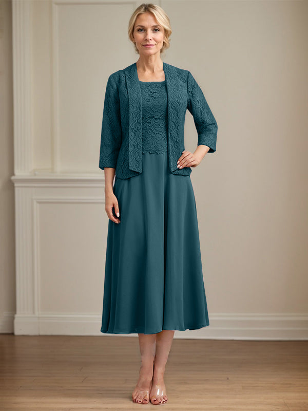 A-Linien Kleid mit Rundhalsausschnitt, tea-länge, Spitze und Chiffon, Mutter der Braut Kleid