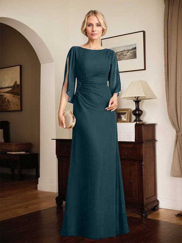Etuikleid/Säule Rundhals bodenlanges Chiffon Kleid der Brautmutter mit plissierten Perlen