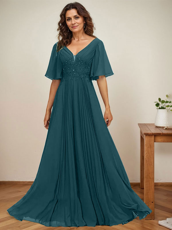 A-Linien V-Ausschnitt bodenlanges Chiffon Mutterkleid der Braut mit Pailletten-Applikationen, Spitze und Falten