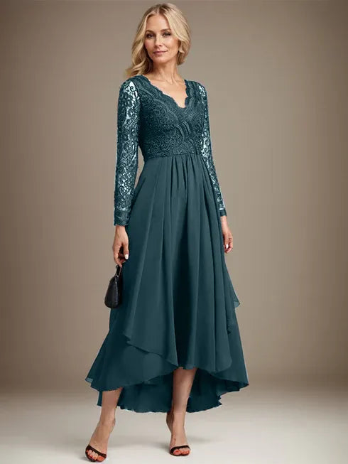 Vestido de madre de la novia en línea A con escote en V, encaje y gasa asimétrica