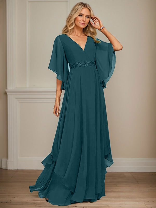 A-Linien V-Ausschnitt bodenlanges Chiffon-Mutter-der-Braut-Kleid mit Pailletten-Applikationen, Spitze und Perlen