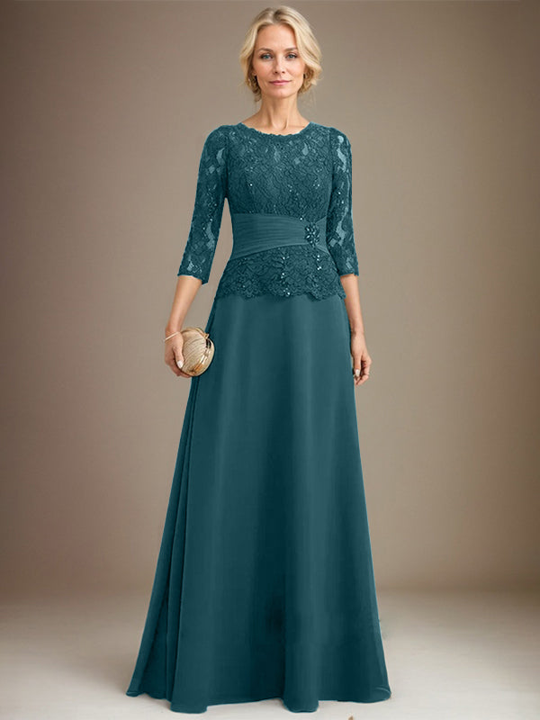 A-Linien Kleid mit Scoop-Ausschnitt, Illusion, bodenlangem Chiffon und Spitze, Mutter-der-Braut-Kleid mit plissierten Pailletten und Perlenbesatz