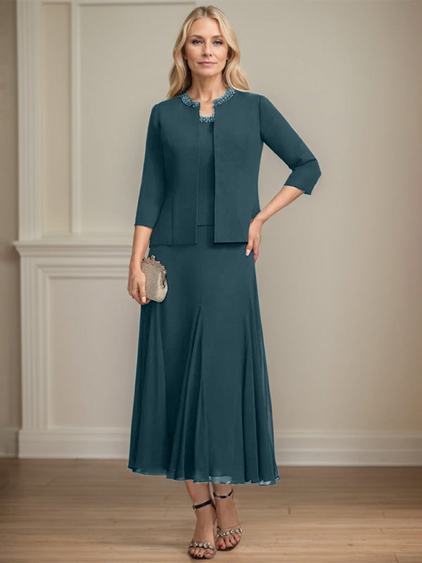 Separates A-Linien Chiffonkleid mit Rundhalsausschnitt, tea-length, Mutter der Braut mit Pailletten und Perlen