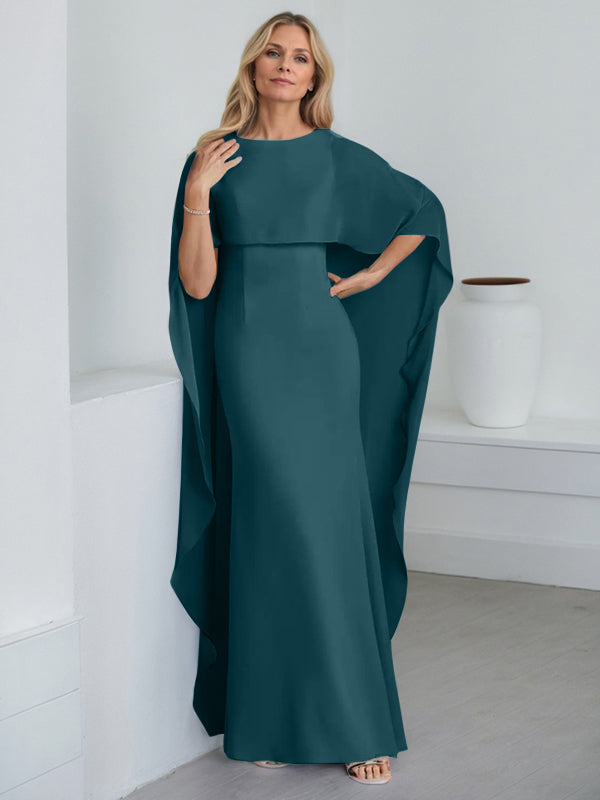 Etui-Kleid mit Rundhalsausschnitt, bodenlang, Chiffon, Mutter-der-Braut-Kleid mit kaskadierenden Rüschen
