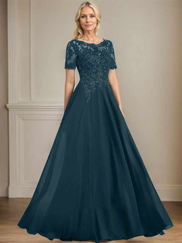A-Linien Rundhals Illusions-Bodenlanges Chiffon-Spitzenkleid für die Mutter der Braut mit Pailletten und Perlen