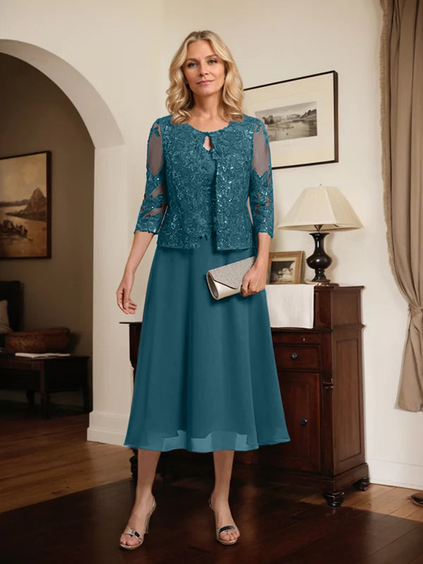 A-Linien Spitzen-Chiffon-Brautmutterkleid mit V-Ausschnitt, tea-length, mit Pailletten