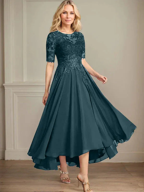 A-Linien Scoop-Ausschnitt Illusion asymmetrisches Chiffon-Spitzen-Mutter-der-Braut-Kleid mit Pailletten