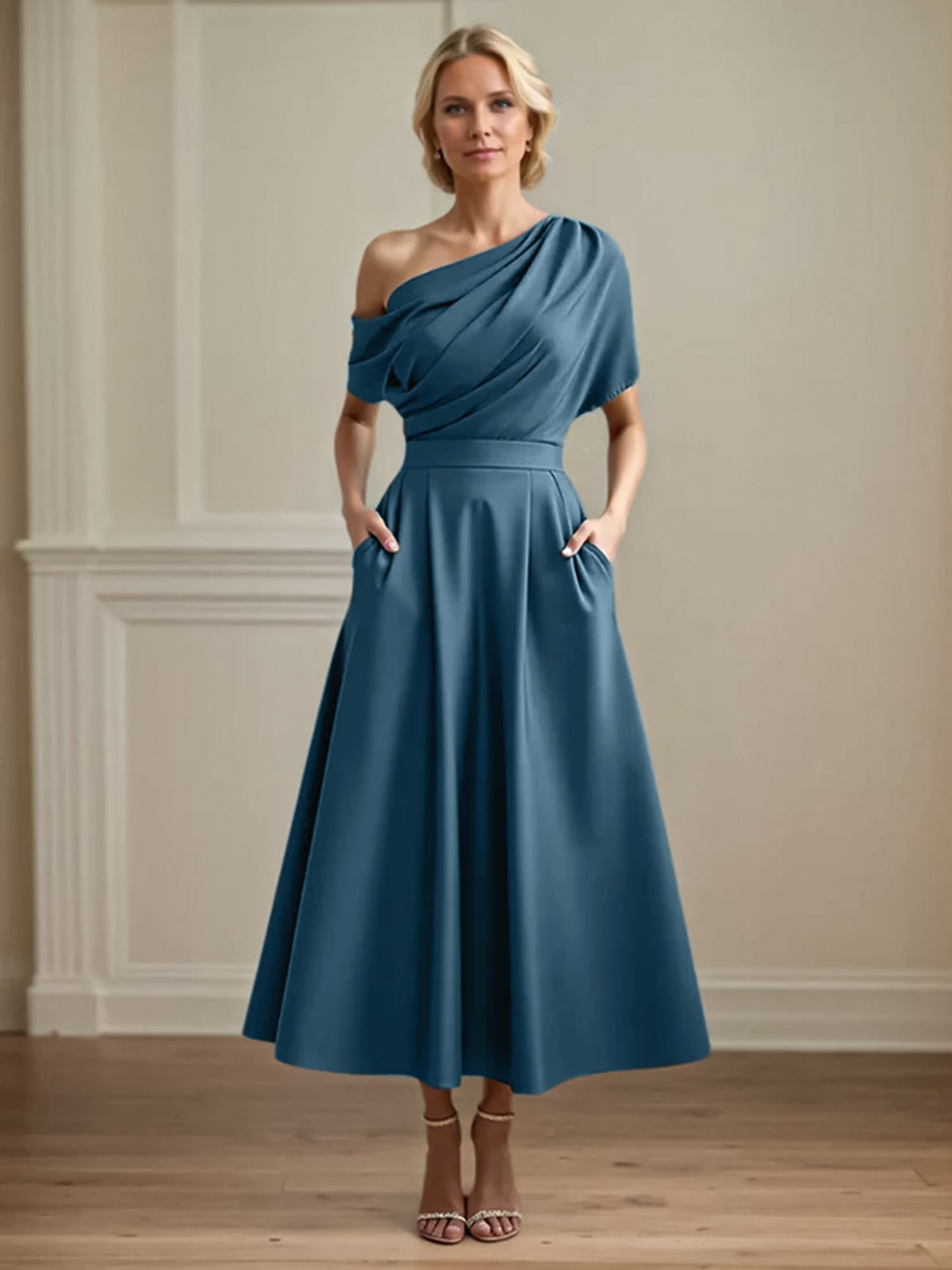 A Line Satin One Shoulder Pleated Ankle Length Mother of the Bride Dress