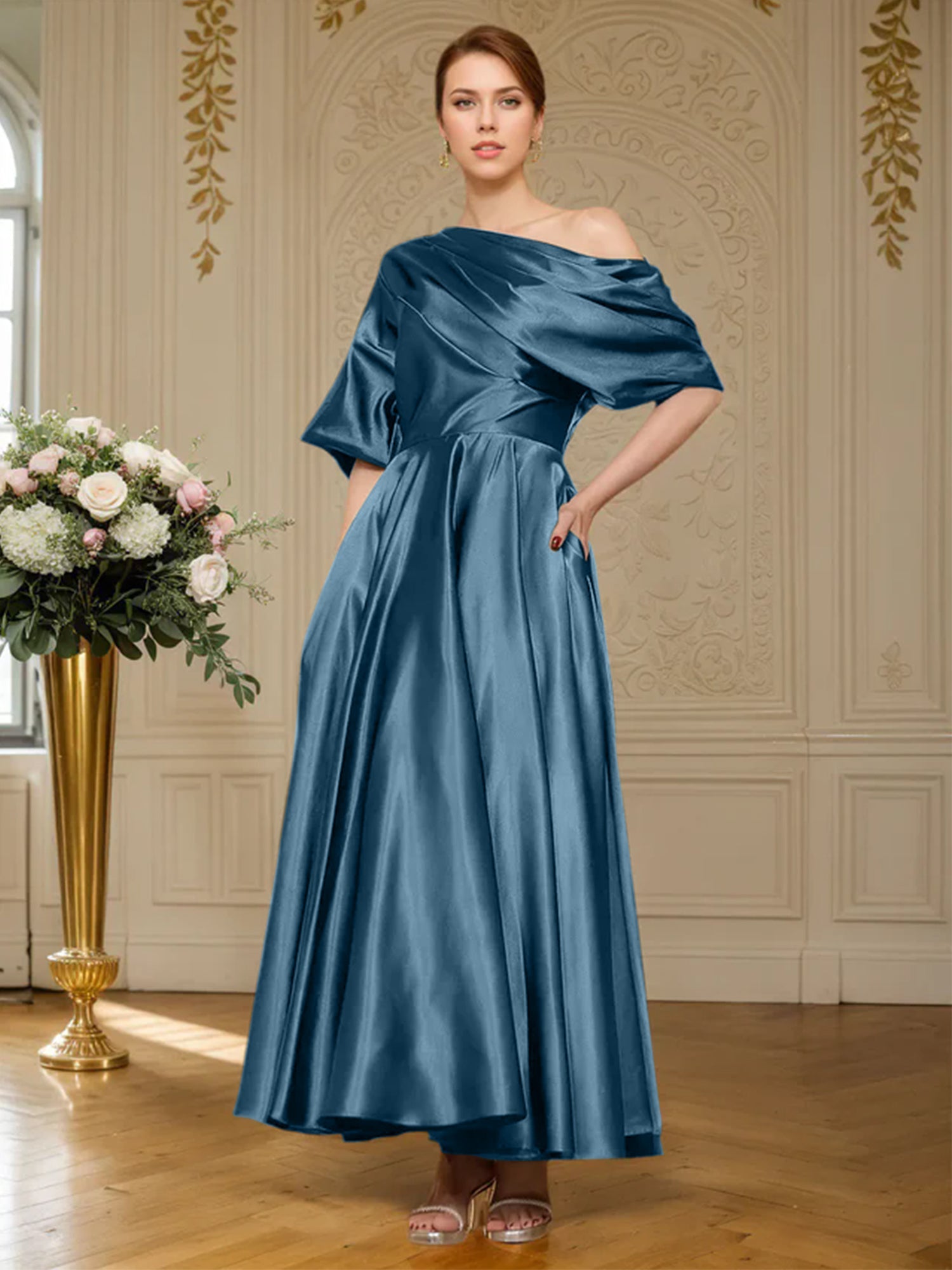 A-Linien Kurzarm plissiertes knöchellanges seidenähnliches Satin Kleid für die Brautmutter