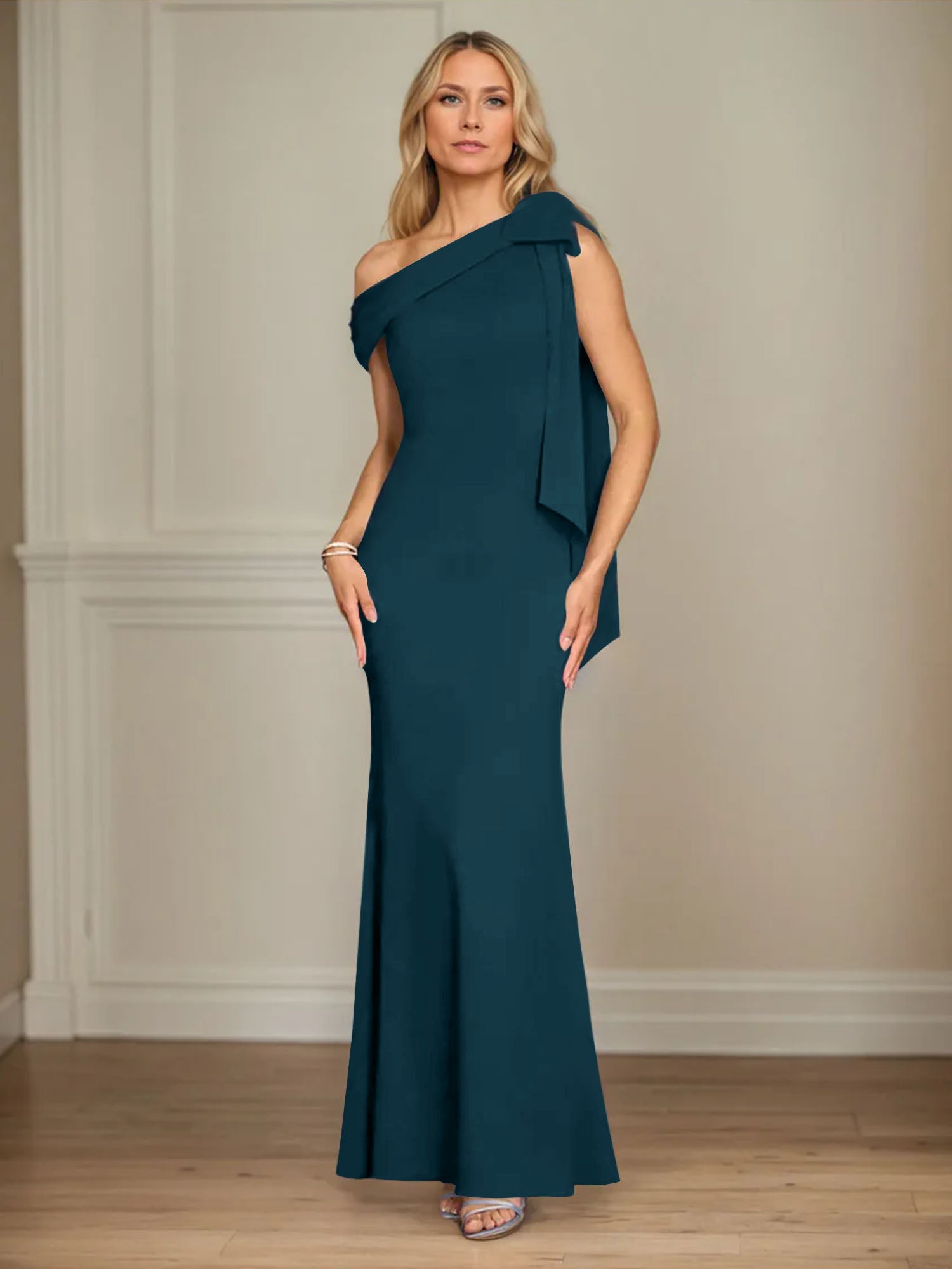 Trumpet/Mermaid Ein-Schulter Ärmelloses Stretch-Crêpe Kleid für die Brautmutter mit Schleife