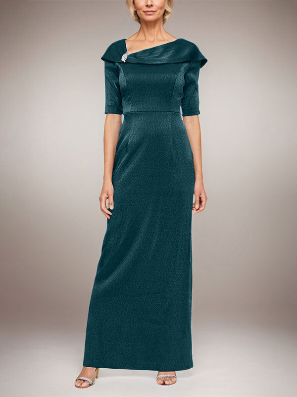 Langes schimmerndes Säulenkleid mit umgeschlagenem Ärmelbündchen, L-Ausschnitt und Ellbogenärmeln