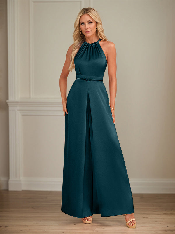 Jumpsuits Neckholder bodenlanges Satin Hochzeitskleid
