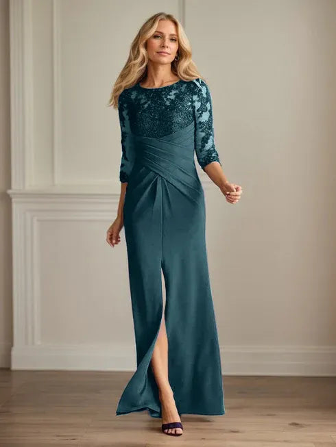 Pflaumenfarbenes eng anliegendes Spitzen Stretch Krepp Kleid für die Brautmutter