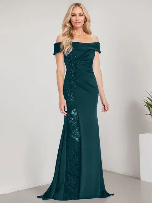A-Linien Schulterfreies bodenlanges Brautmutterkleid mit Applikationen und Perlenbesatz Meerjungfrauenkleid mit hohem Schlitz