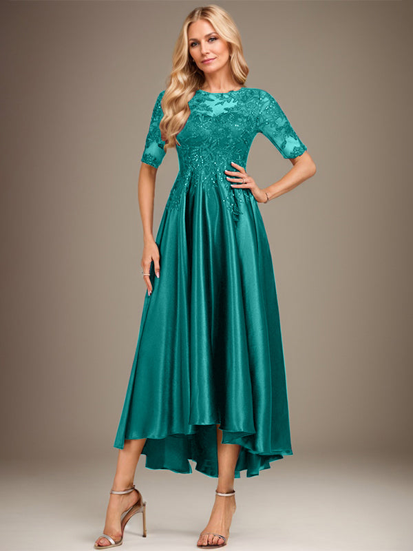 A-Linie Rundhalsausschnitt Illusion Asymmetrisches Stretch-Satin-Spitzen-Brautmutterkleid mit Pailletten