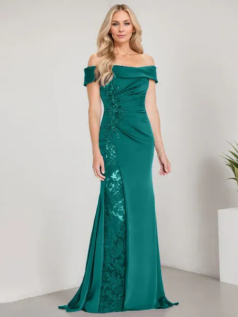 A-Linien Schulterfreies bodenlanges Brautmutterkleid mit Applikationen und Perlenbesatz Meerjungfrauenkleid mit hohem Schlitz