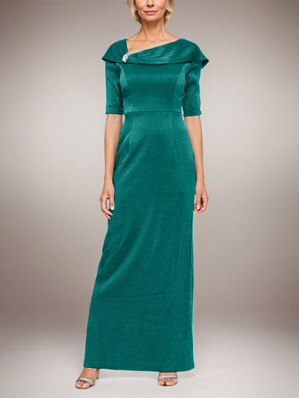 Langes schimmerndes Säulenkleid mit umgeschlagenem Ärmelbündchen, L-Ausschnitt und Ellbogenärmeln