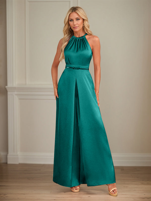 Jumpsuits Neckholder bodenlanges Satin Hochzeitskleid