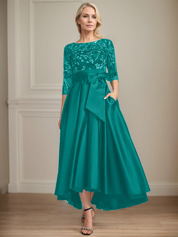 A-line Scoop Illusion Asymmetrical Satin Lace Mother of the Bride Dress With Bow
