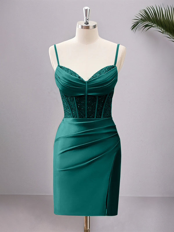 Robe de bal moulante corset en satin à bretelles spaghetti avec fente