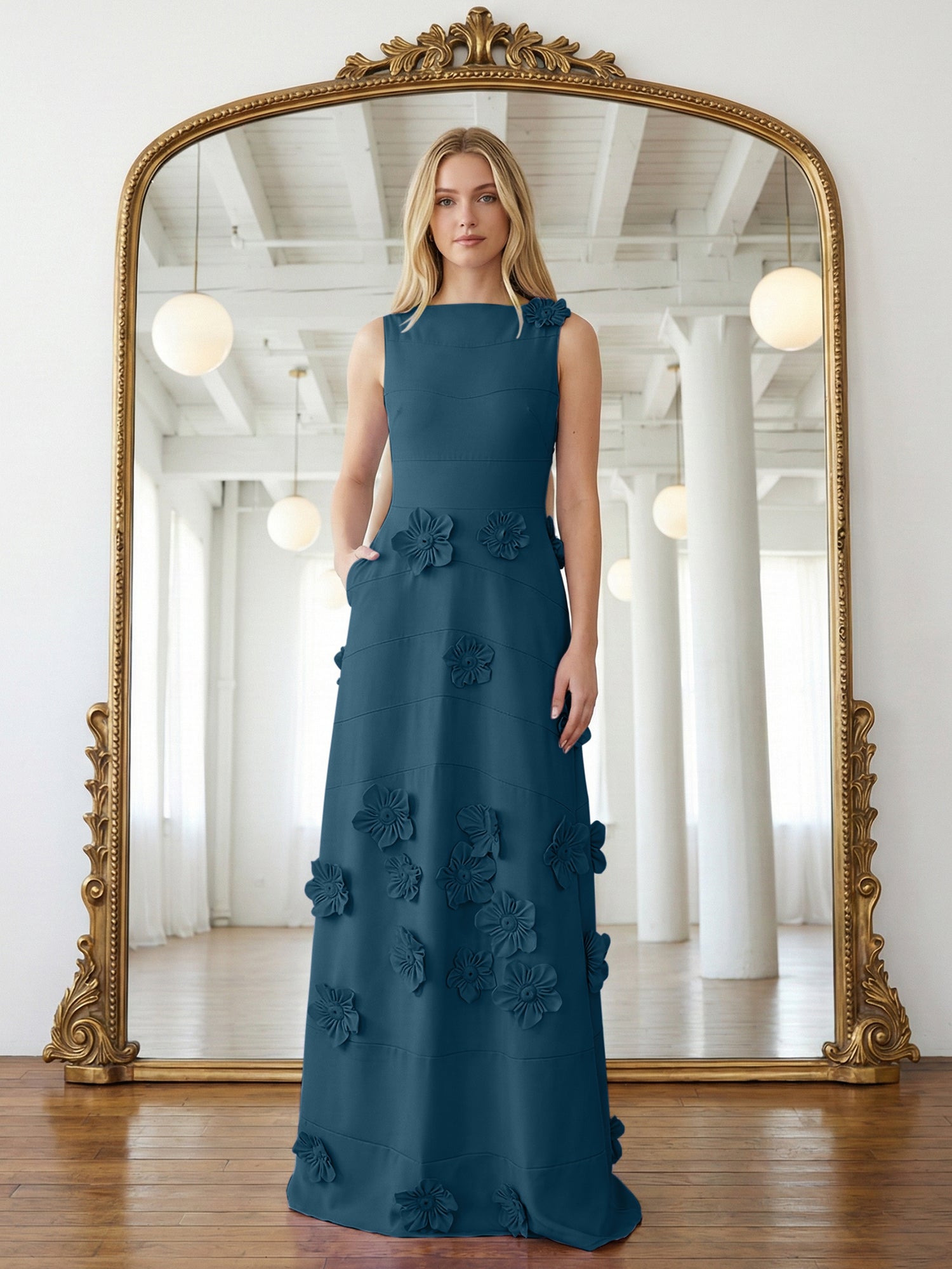 Lavendelfarbenes formelles Kleid mit U-Boot-Ausschnitt und herabfließenden 3D-Blumen