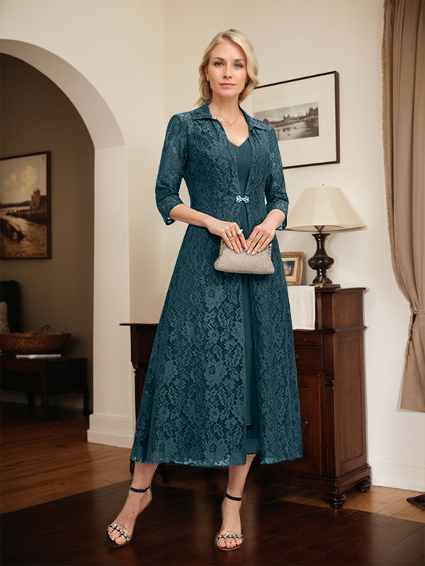 Robe mère de la mariée en mousseline longueur thé à encolure en V et coupe trapèze