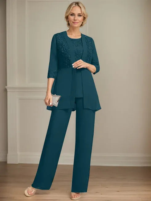 Combinaison/pantalon séparé en mousseline et dentelle, longueur au sol, col rond, robe mère de la mariée avec sequins