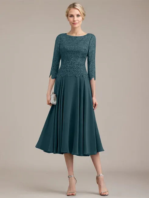 A-Linien Kleid mit Rundhalsausschnitt, tea-länge, Spitze und Chiffon, Mutter der Braut Kleid