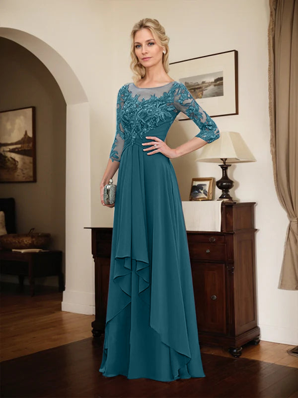 Robe mère de la mariée en ligne A avec col rond illusion, dentelle et chiffon longueur sol avec volants en cascade