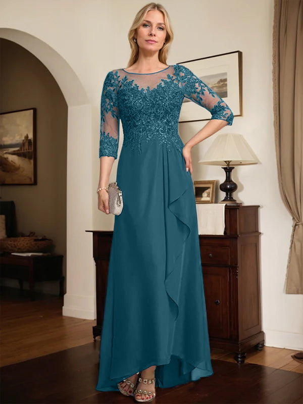 A-Linien Rundhals Illusions-Asymmetrische Spitze Chiffon Brautmutterkleid mit Pailletten und fallenden Rüschen