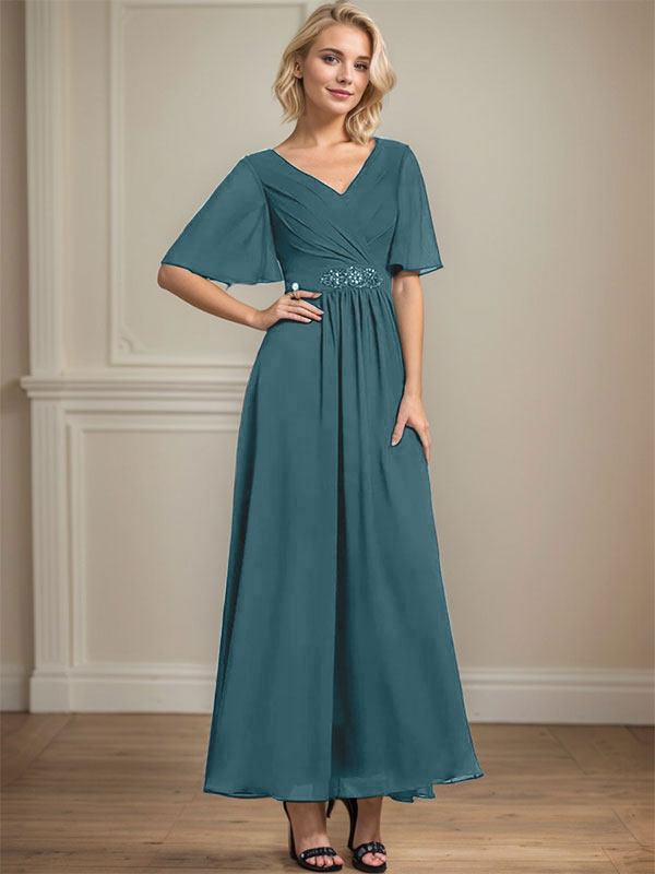 A-Linien V-Ausschnitt Knöchellanges Chiffon Kleid für die Brautmutter mit plissierten Perlen und Pailletten