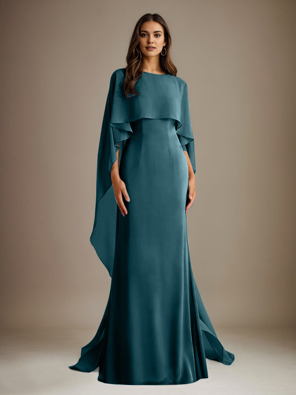 Etuikleid/Säulenkleid Bootsausschnitt bodenlanges Chiffon Mutter-des-Braut-Kleid mit kaskadierenden Rüschen