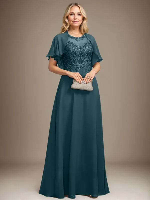 Vestido de madre de la novia de encaje y gasa con ilusión, escote redondo en línea A, largo hasta el suelo con lentejuelas