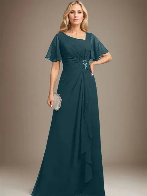 A-Linien asymmetrisches bodenlanges Chiffon Mutter-der-Braut-Kleid mit plissierten Perlen und Pailletten