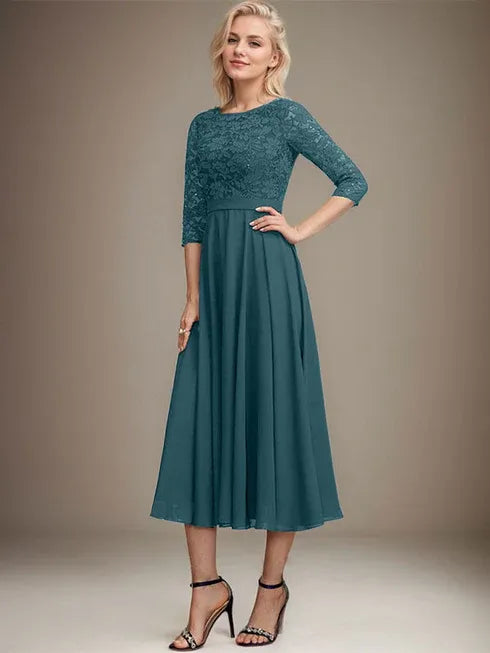 A-Linien Spitzen-Chiffon-Brautmutterkleid mit V-Ausschnitt, tea-length, mit Pailletten