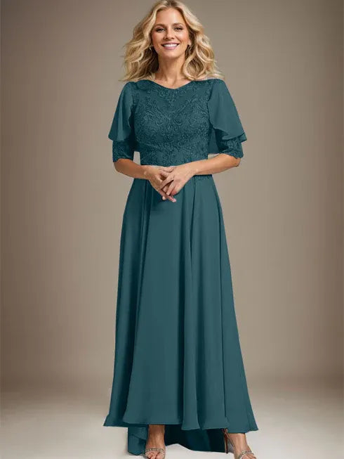 A-Linien Kleid mit Scoop-Ausschnitt, Illusion, asymmetrischem Chiffon und Spitzen, Mutter-der-Braut-Kleid mit Perlenbesatz