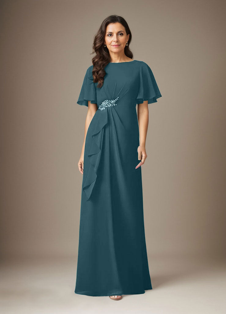 Dunkelmarineblaues Etuikleid mit Perlenbesatz aus Chiffon