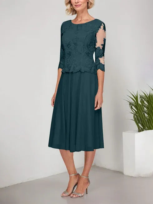 A-Linie Rundhals Tee-Länge Spitze Chiffon Mutter-der-Braut-Kleid mit Stickerei