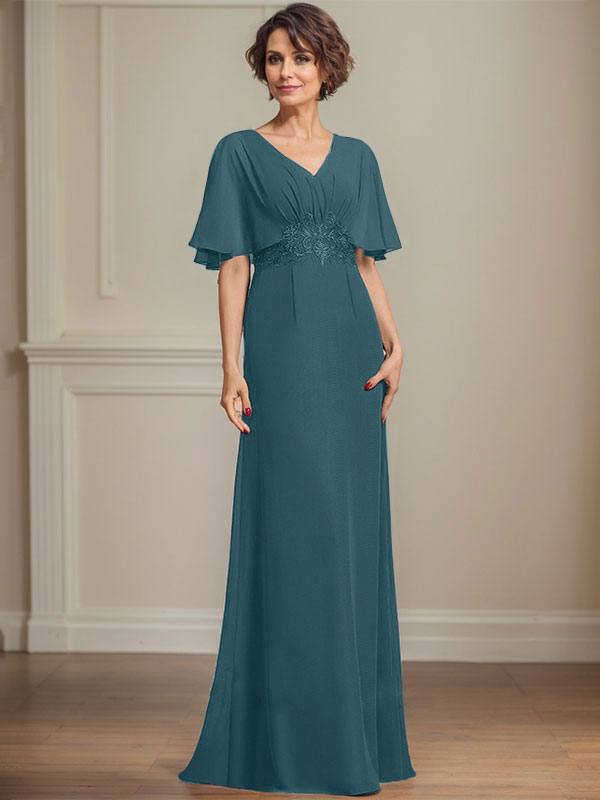 A-Linien Chiffon Mutter-der-Braut-Kleid mit V-Ausschnitt, bodenlang, mit plissierten Pailletten-Applikationen und Spitze