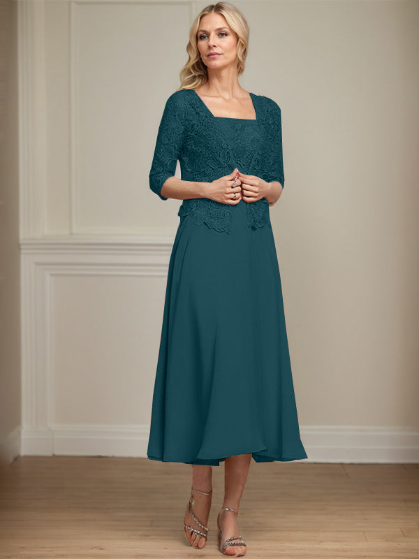 Robe de mère de la mariée en mousseline et dentelle ligne A longueur thé avec perles et sequins