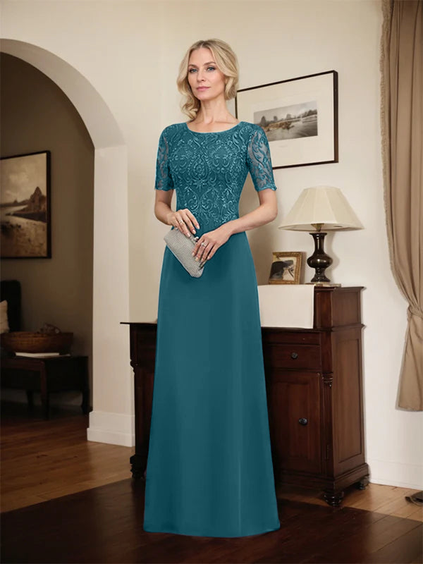 A-Linien Spitzen-Chiffon-Mutter-der-Braut-Kleid mit Rundhalsausschnitt, bodenlang und Pailletten