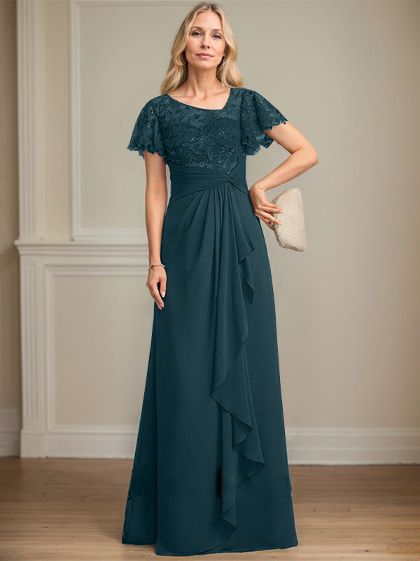 A-Linie asymmetrisches Illusions bodenlanges Spitzen-Chiffon Brautmutterkleid mit kaskadierenden Volants und Pailletten