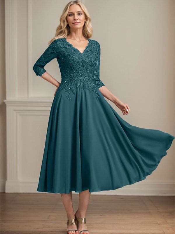Robe de mère de la mariée en mousseline longueur thé, ligne A, col en V, en dentelle avec perles et sequins
