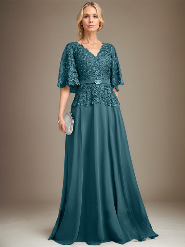 A-Linien V-Ausschnitt Bodenlanges Chiffon-Spitzen Mutter-der-Braut-Kleid mit Kristallbrosche und Strass