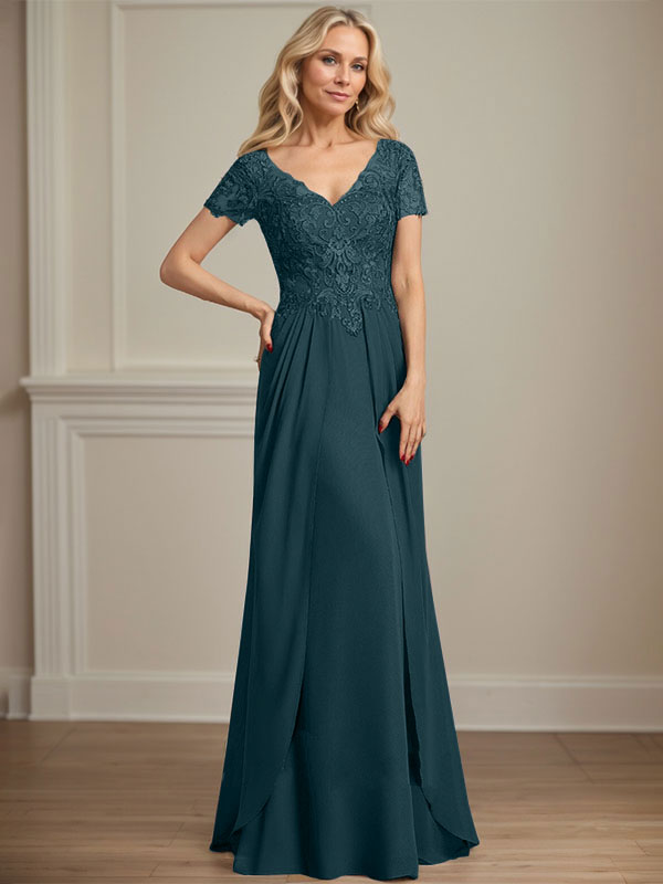 A-Linien Chiffon-Spitzen-Mutter-der-Braut-Kleid mit V-Ausschnitt, bodenlang