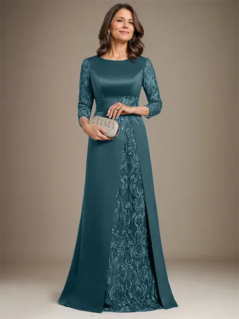 Vestido de madre de la novia largo hasta el suelo con encaje, satén, línea A, escote redondo y aplicaciones
