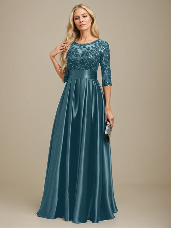 A-Linien Ausschnitt Illusions bodenlanges Stretch-Satin-Spitzenkleid für die Brautmutter mit Schleife und Pailletten